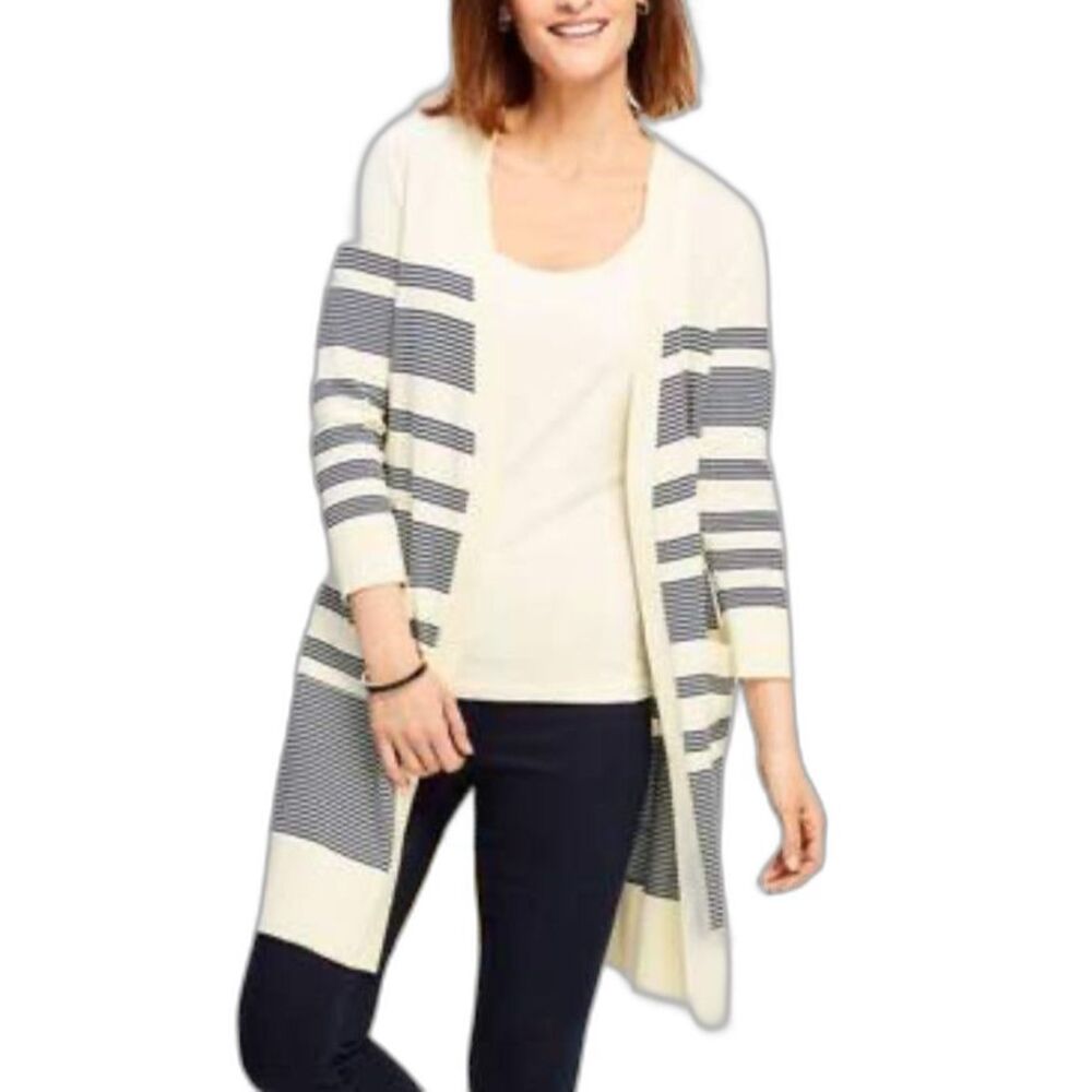 Talbots Women's Ivory Black Striped Pima Cotton Open Front Long Cardigan Size M